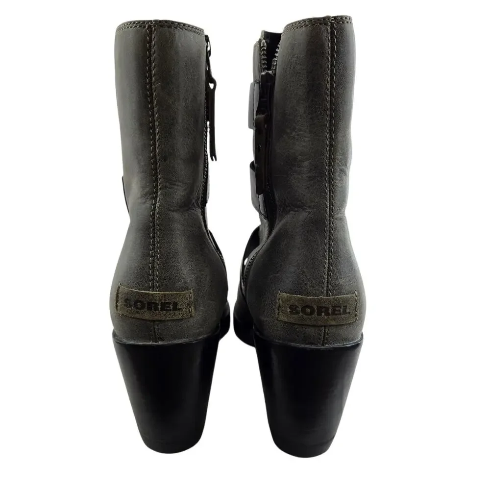 Sorel After Hours Wedge Booties Womens 10 Gray Black Leather Moto Biker Mid Calf
